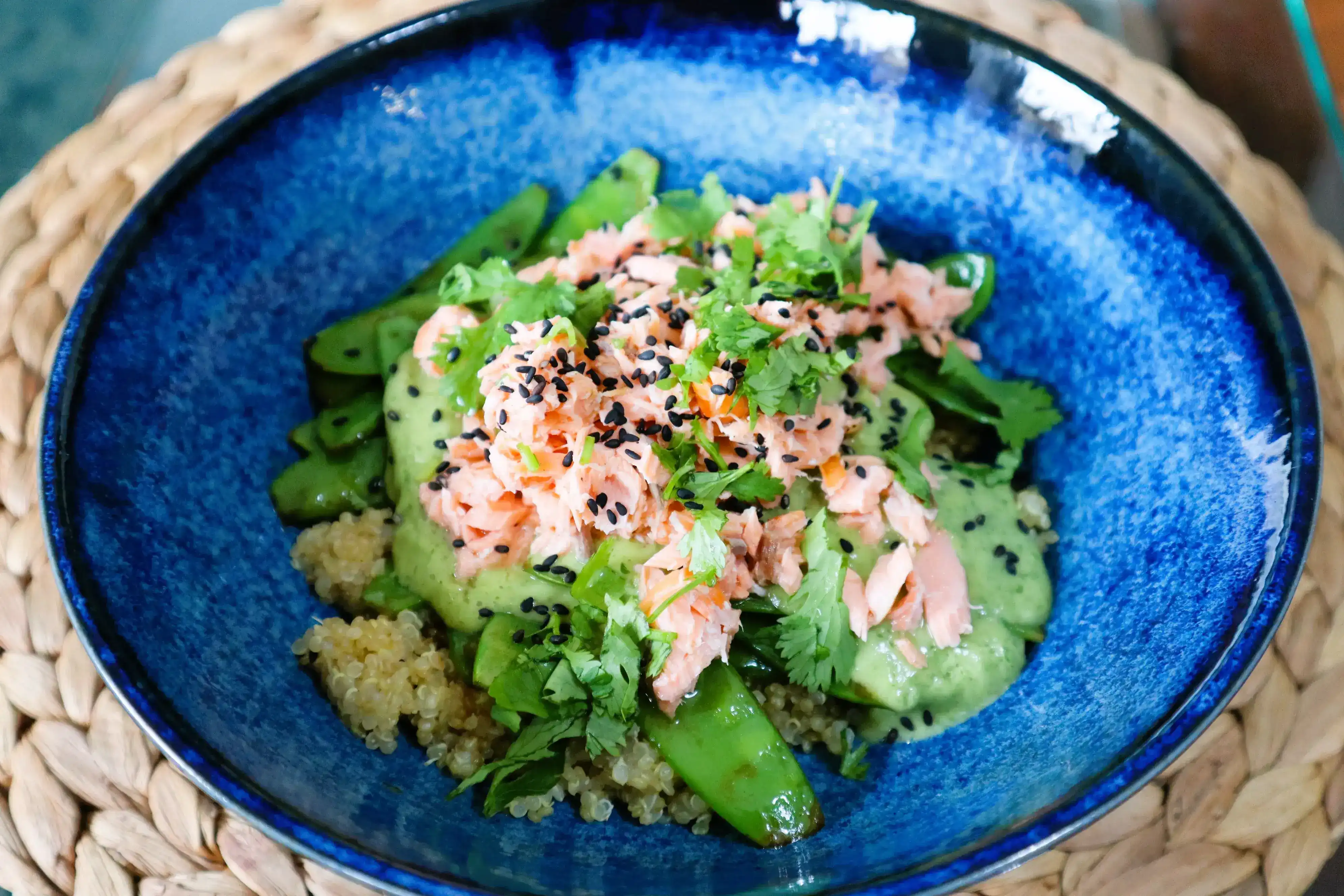 Quinoa, salmon, snow peas and creamy avocado dressing bowl Recipe No